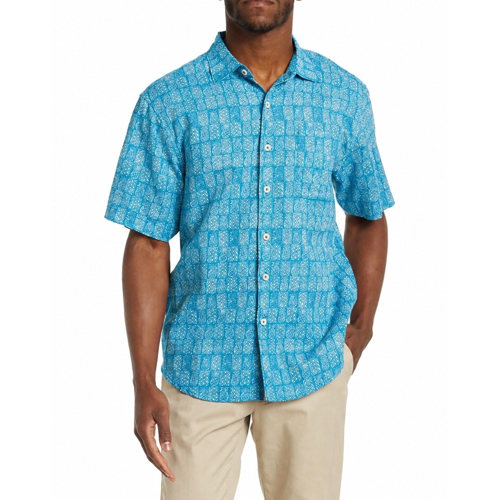 Tommy Bahama Pina Block Party Linen Cotton Pineapple Short Sleeve Shirt Blue M